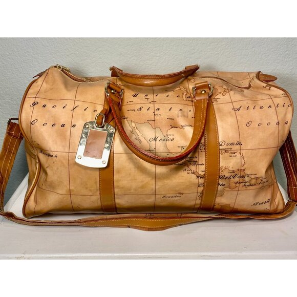 World Map Travel Duffle Bag Twin Handles Shoulder Strap Attached Luggage Tag - Picture 1 of 4